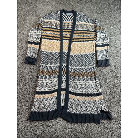 Marled Cardigan Sweater Womens L BOHO Beige Black Open Front Long Geometric - Picture 1 of 12